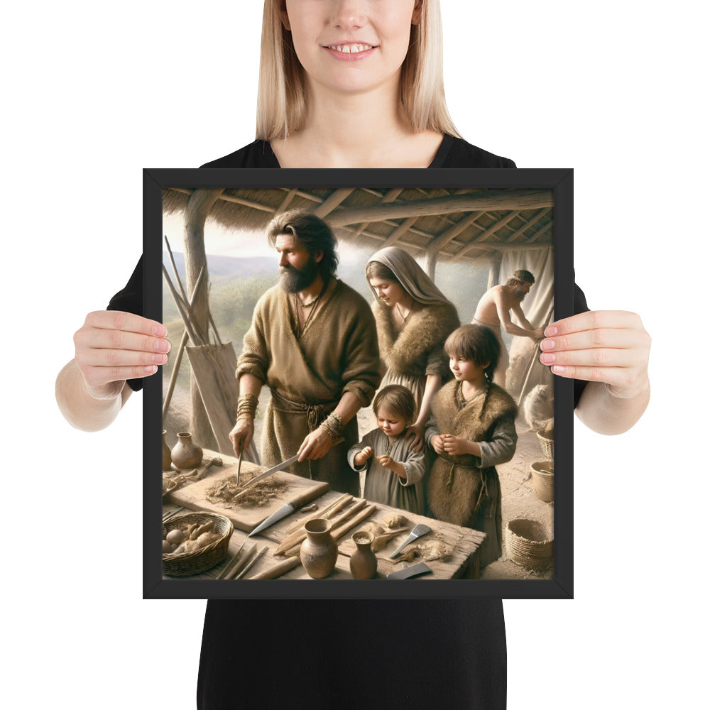 Stone Age family wall art with Neolithic parents teaching children daily crafts