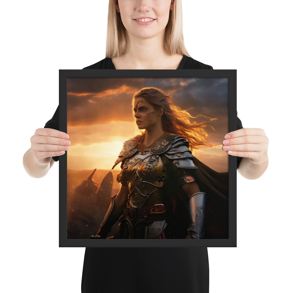 Norse mythology Valkyrie wall art showing a warrior woman at sunset