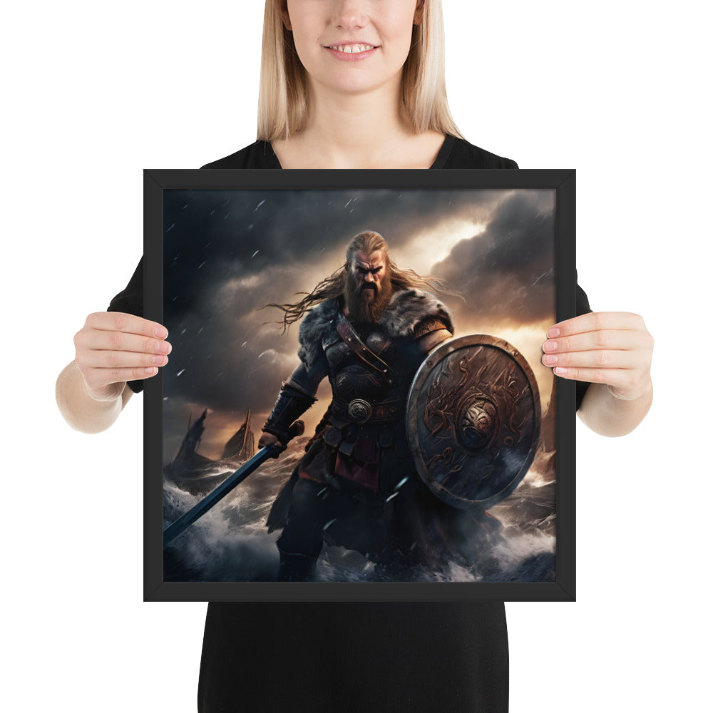 Viking berserker wall art with axe and shield under thunderous skies