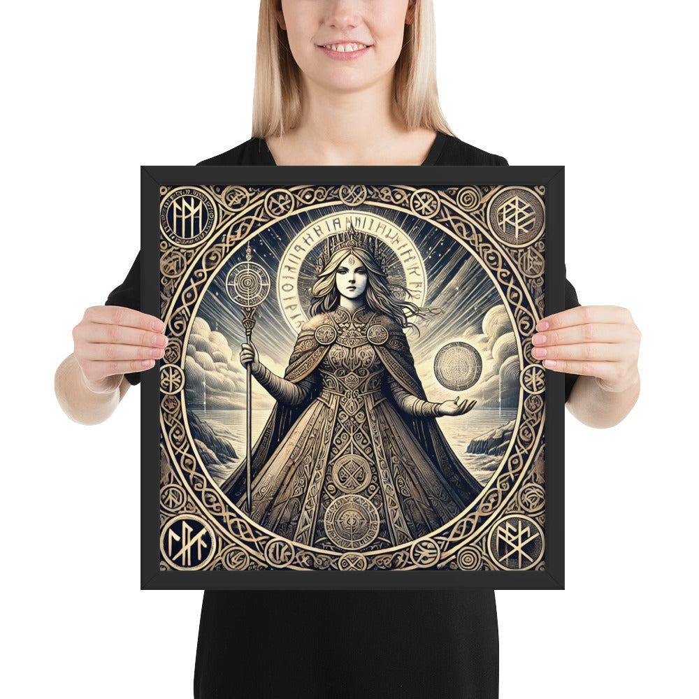 Frigga Norse mythology wall art showing queen of Asgard with runic cloak