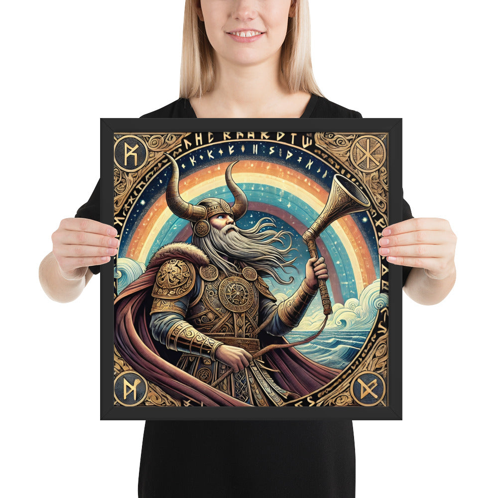 Heimdall Norse god wall art with guardian of the rainbow bridge holding Gjallarhorn