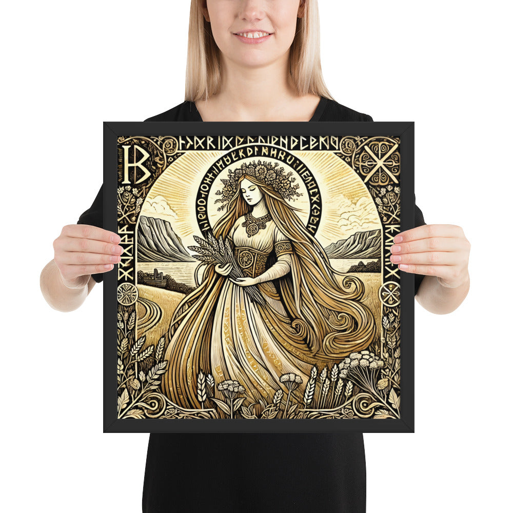 Viking goddess Sif wall art showing a serene figure holding wheat in a Nordic landscape