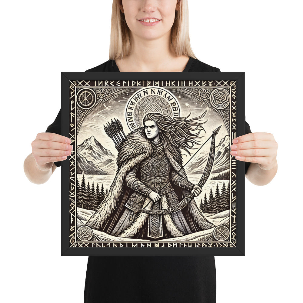 Viking goddess Skadi wall art showing a fur-clad huntress with bow in Nordic wilderness