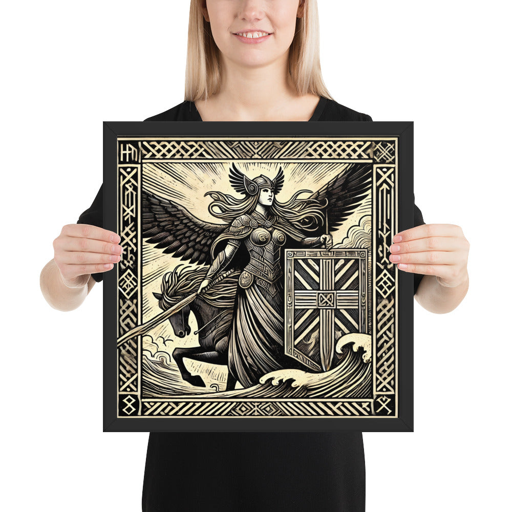 Viking mythology artwork of a Valkyrie warrior maiden on horseback in Nordic woodcut style
