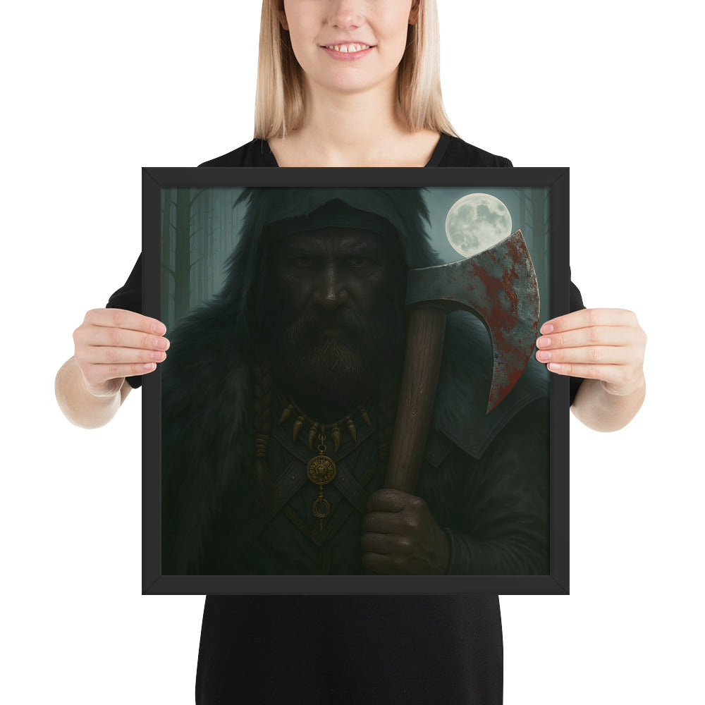 Dark Nordic wall art of a Viking berserker standing in shadow with bloodied axe