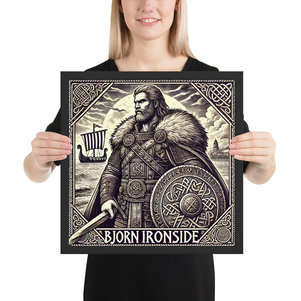 Viking saga framed poster showing Bjorn Ironside with longships and stormy sea background