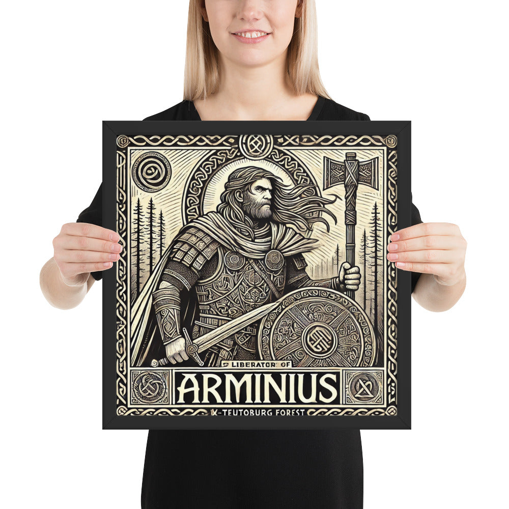 Germanic history framed print showing Arminius and fallen Roman standards in woodland