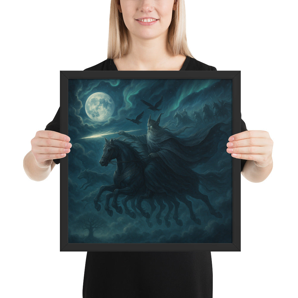 Norse god Odin framed poster illustrating the Wild Hunt under a moonlit storm