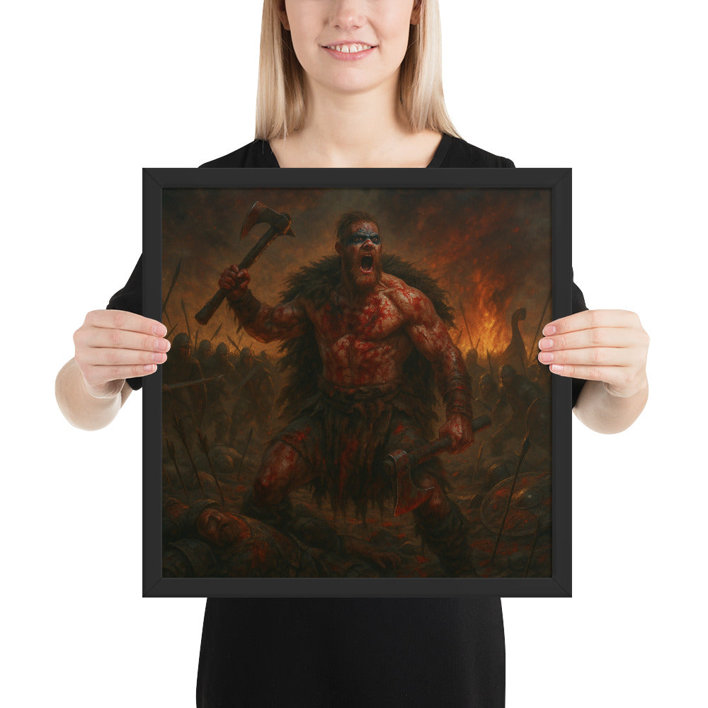 Viking berserker poster depicting a fierce warrior with axes in a final stand battlefield scene