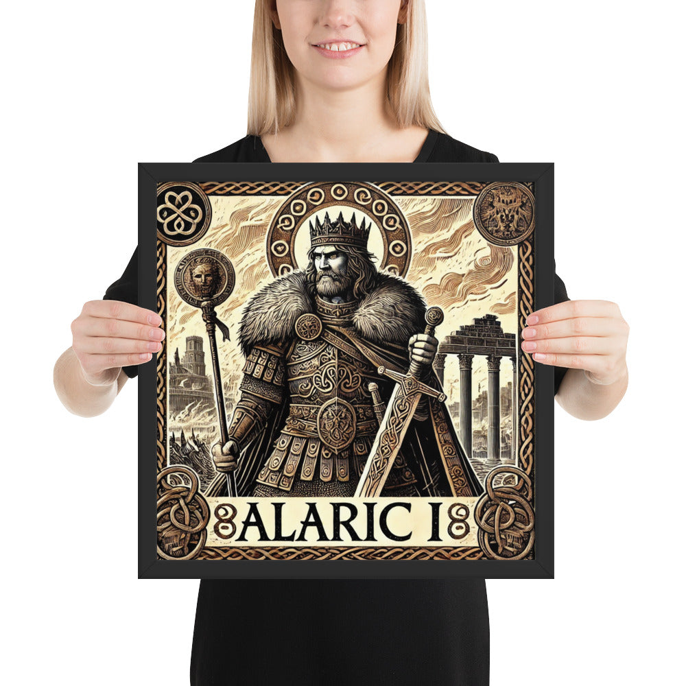 Germanic warrior king wall art of Alaric I standing before Roman columns, historical illustration