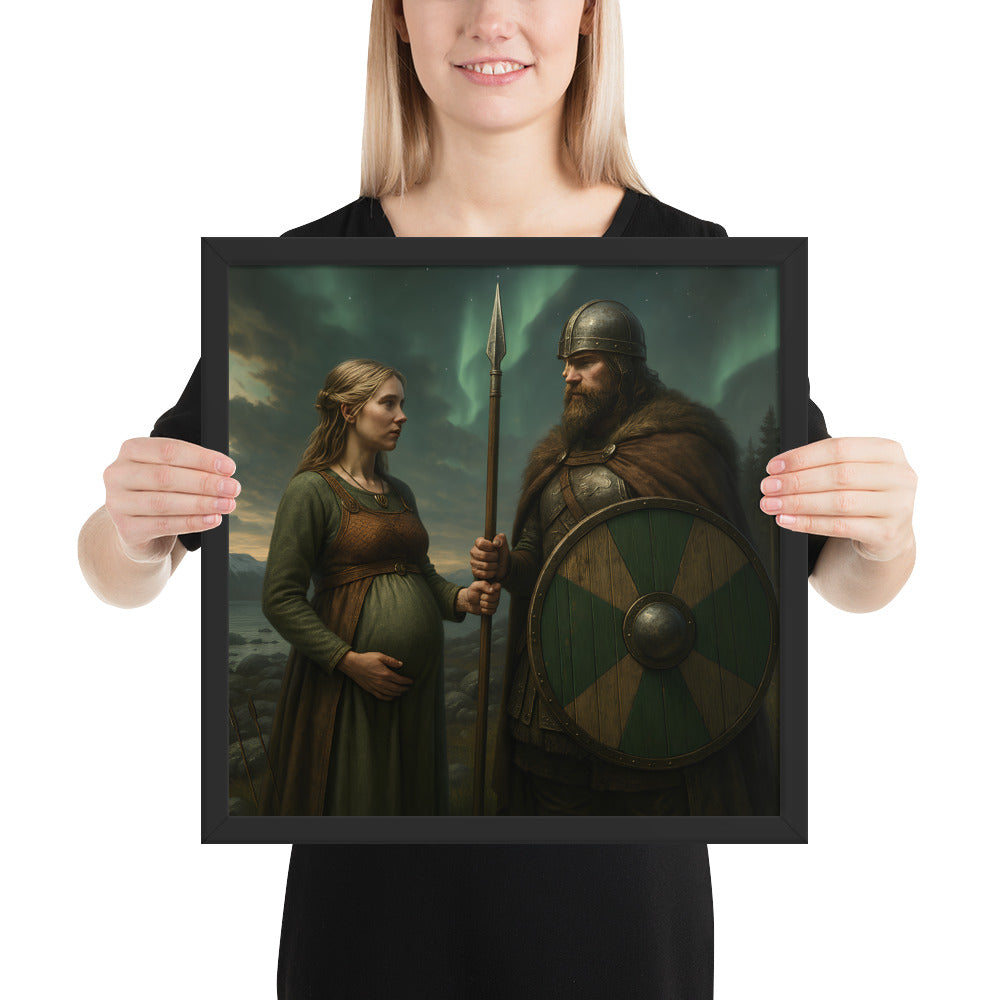 Norse mythology framed print of a Viking husband and expectant wife sharing a quiet farewell