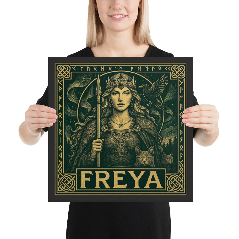 Norse goddess Freya framed art print with protective runic circle and mythological cat companions