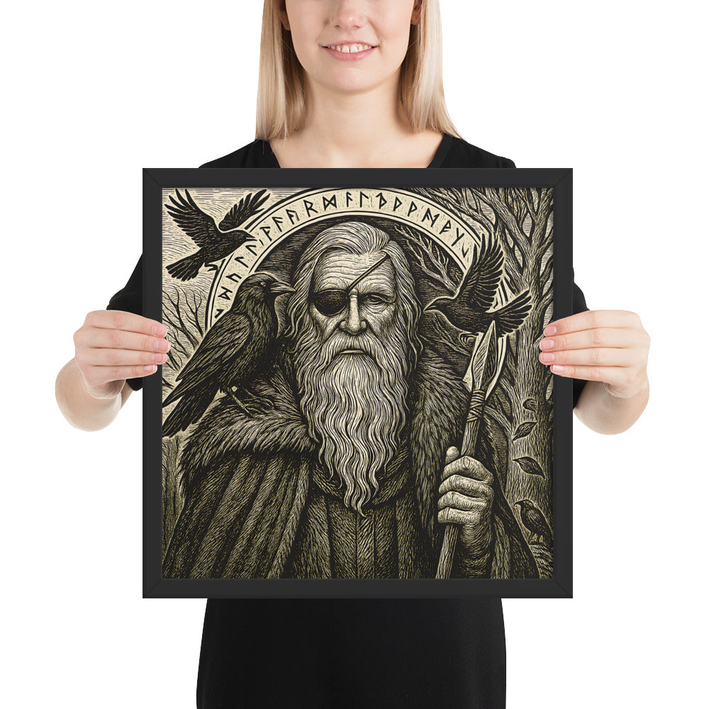 Norse god Odin framed art print with runic halo and windswept Nordic scenery, Viking legend artwork