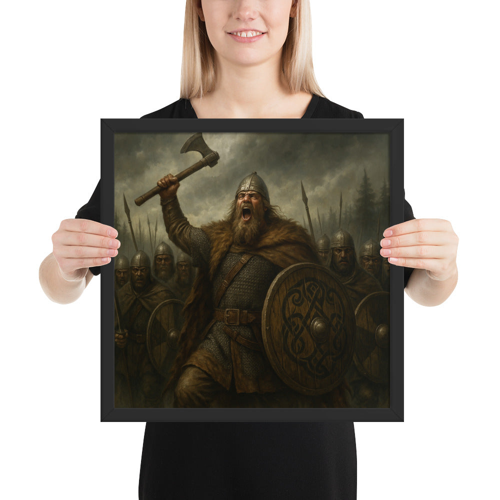 Viking Age battle artwork portraying King Harald Hardrada and his housecarls in combat