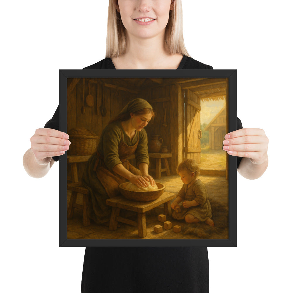 Rustic home decor art print depicting a traditional mother and child baking moment in a country kitchen setting