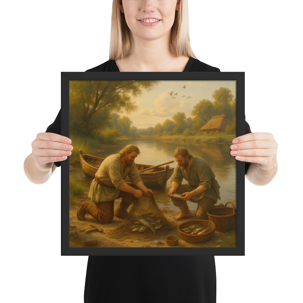 Viking lifestyle artwork of fishermen preparing fresh fish near a longboat, framed Norse art print