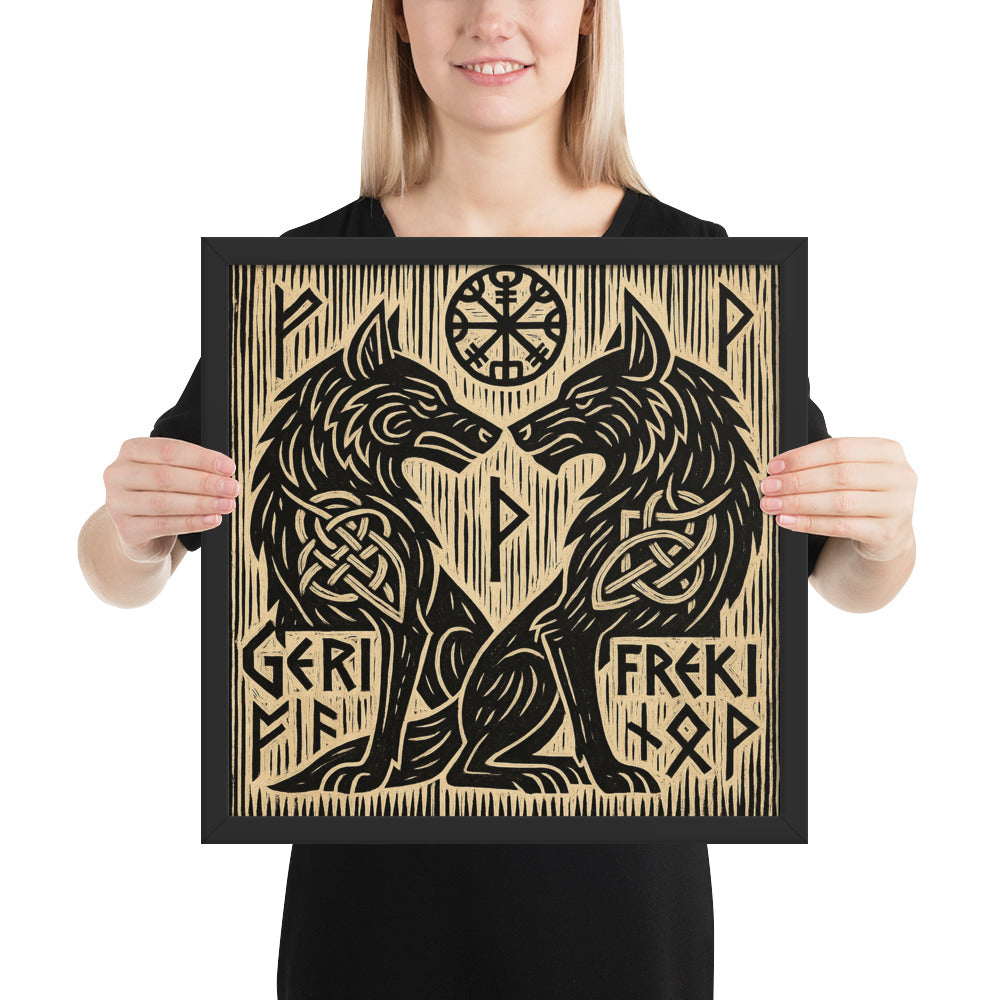 Viking wolf wall art featuring Geri and Freki facing each other, framed Norse mythology print