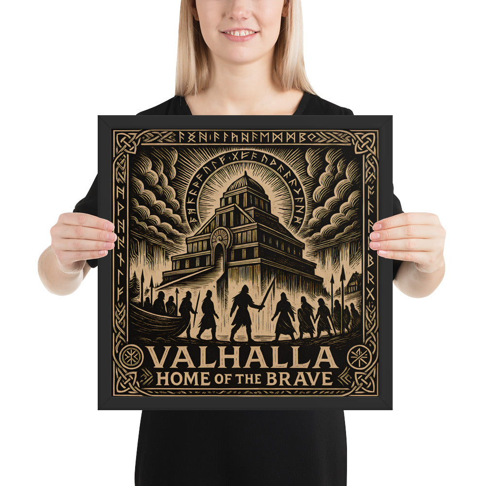Norse mythology artwork of Valhalla with fallen Viking warriors and ancient runes, framed wall art