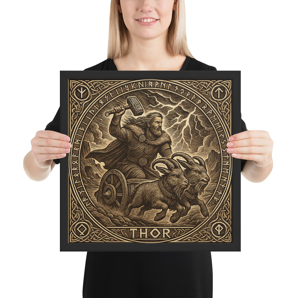 Viking god Thor wall art featuring Mjölnir raised amid a storm, framed Norse mythology print