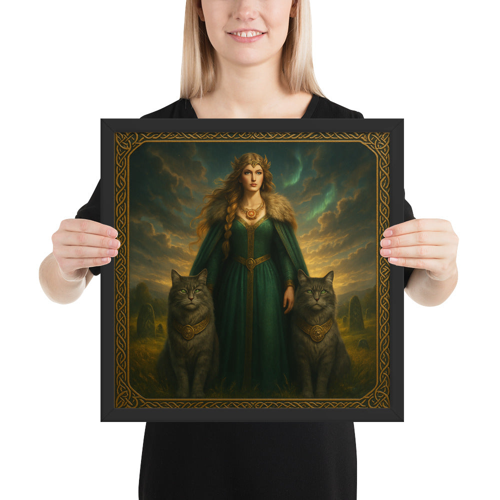 Viking goddess wall art of Freya with two cats, framed Norse mythology artwork symbolizing feminine power