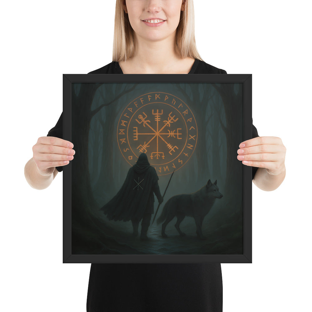 Norse compass wall art depicting the Vegvísir rune guiding a traveler through a misty forest