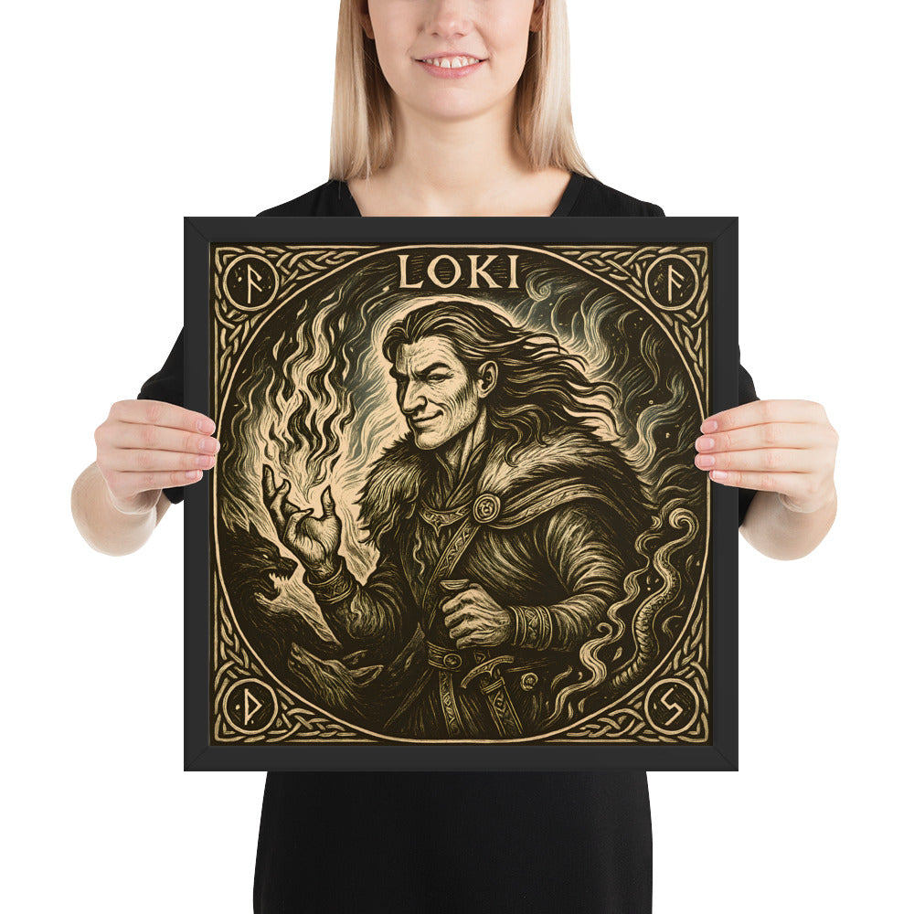Viking mythology wall decor showing Loki with glowing fire and ancient runes, framed Norse god artwork