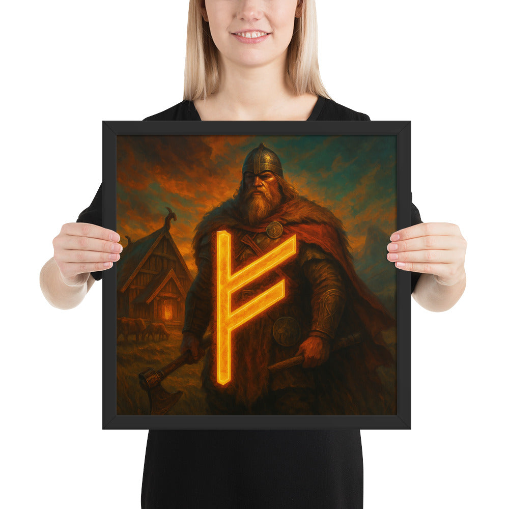 Viking rune wall art depicting the Fehu rune, ancient symbol of fortune and creative power, framed Norse art