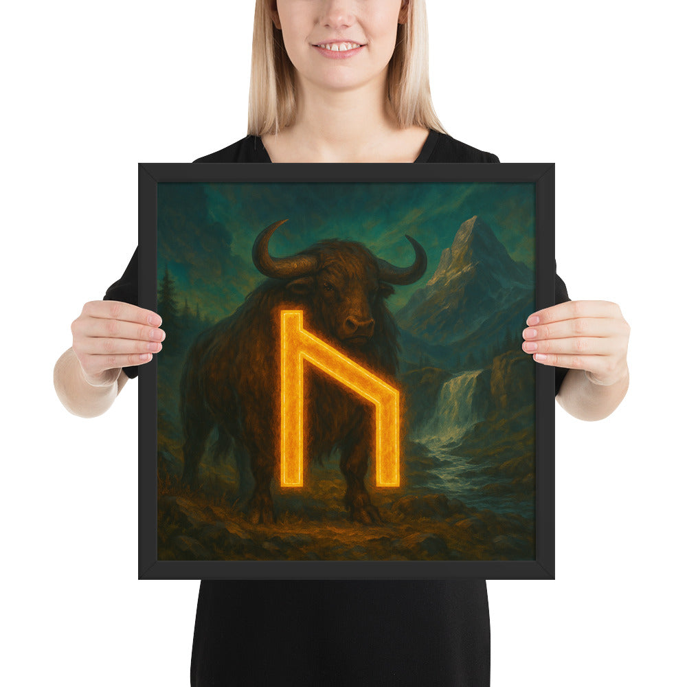 Viking rune wall art depicting the Uruz rune, ancient symbol of endurance and raw strength, framed Norse art