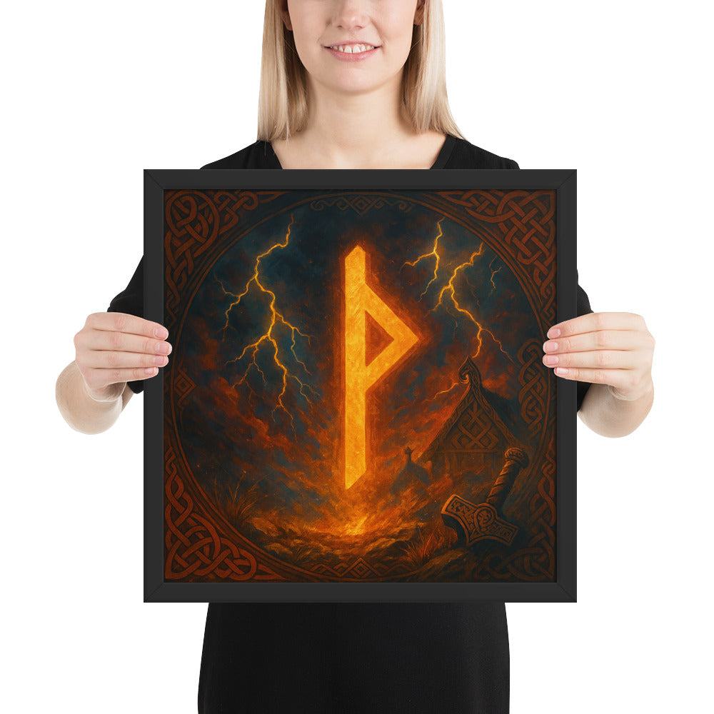 Viking rune wall art depicting Thurisaz rune, symbol of strength and defense, framed Norse artwork