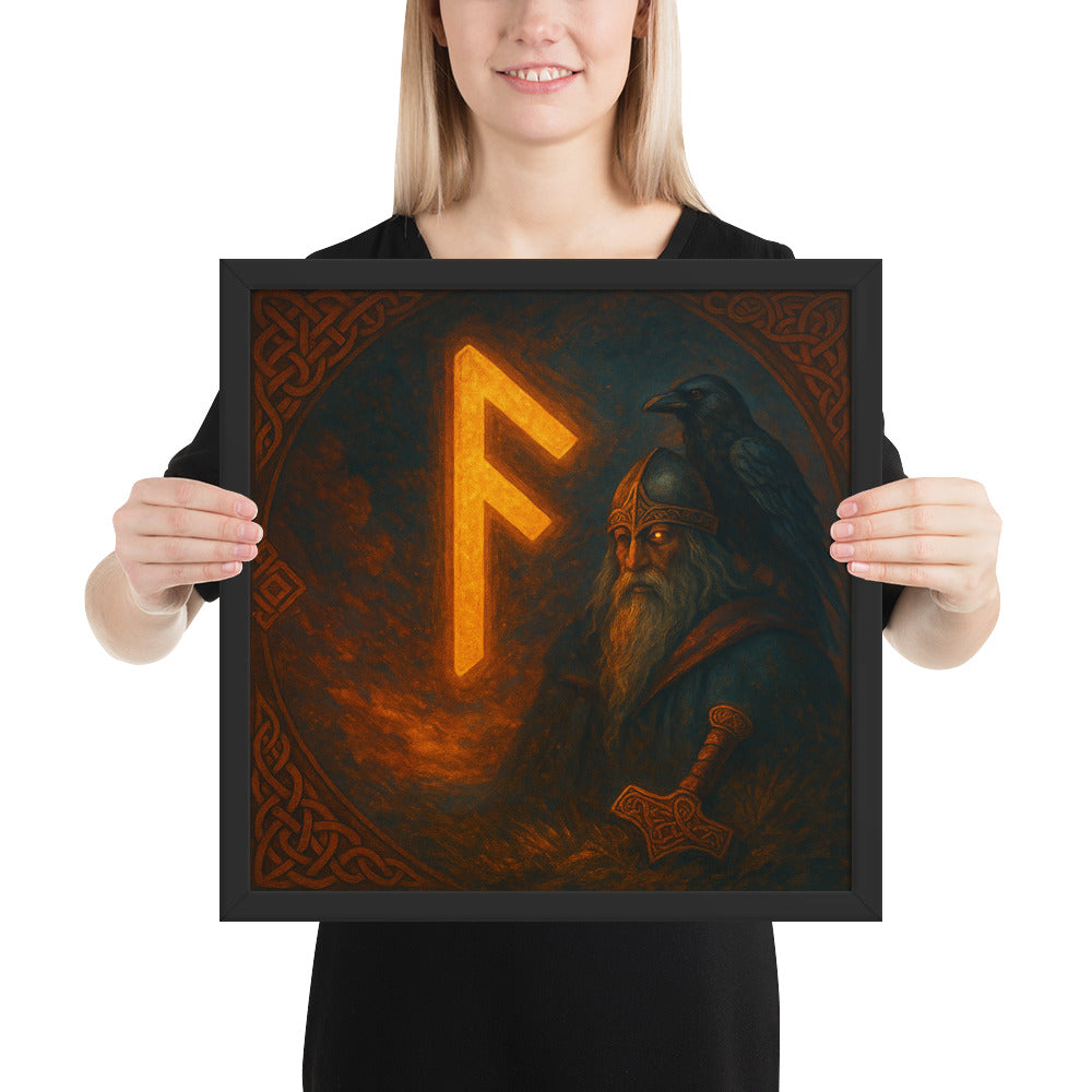 Viking rune wall art featuring the Ansuz rune of communication and inspiration, Odin portrait with raven