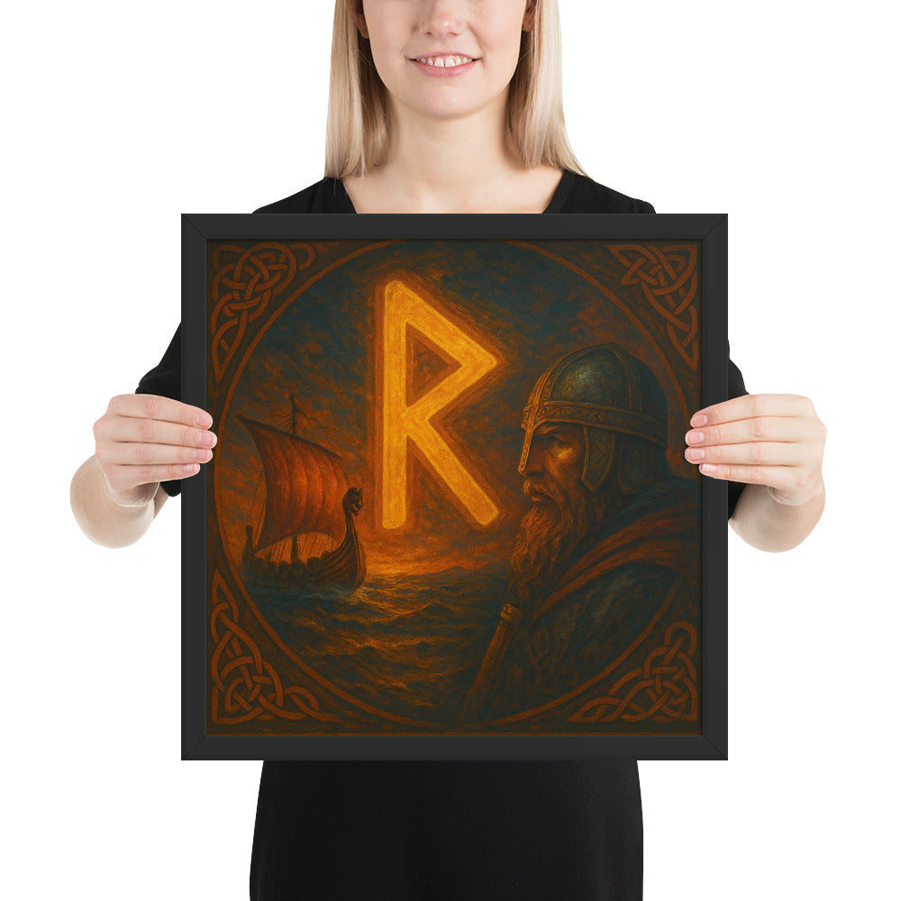 Viking rune art print of Raidho, symbolizing path, movement, and destiny, framed Norse mythology artwork
