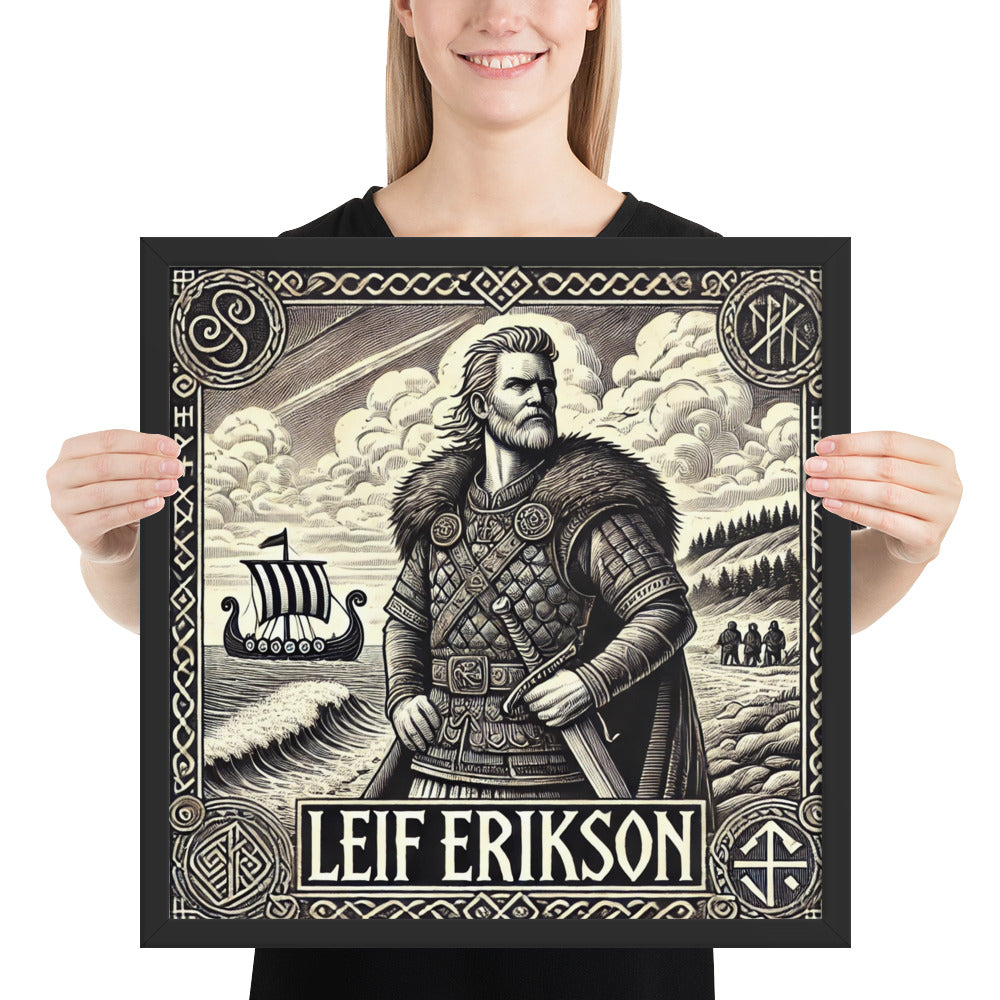 Norse history artwork of Leif Erikson with longships approaching a new coastline