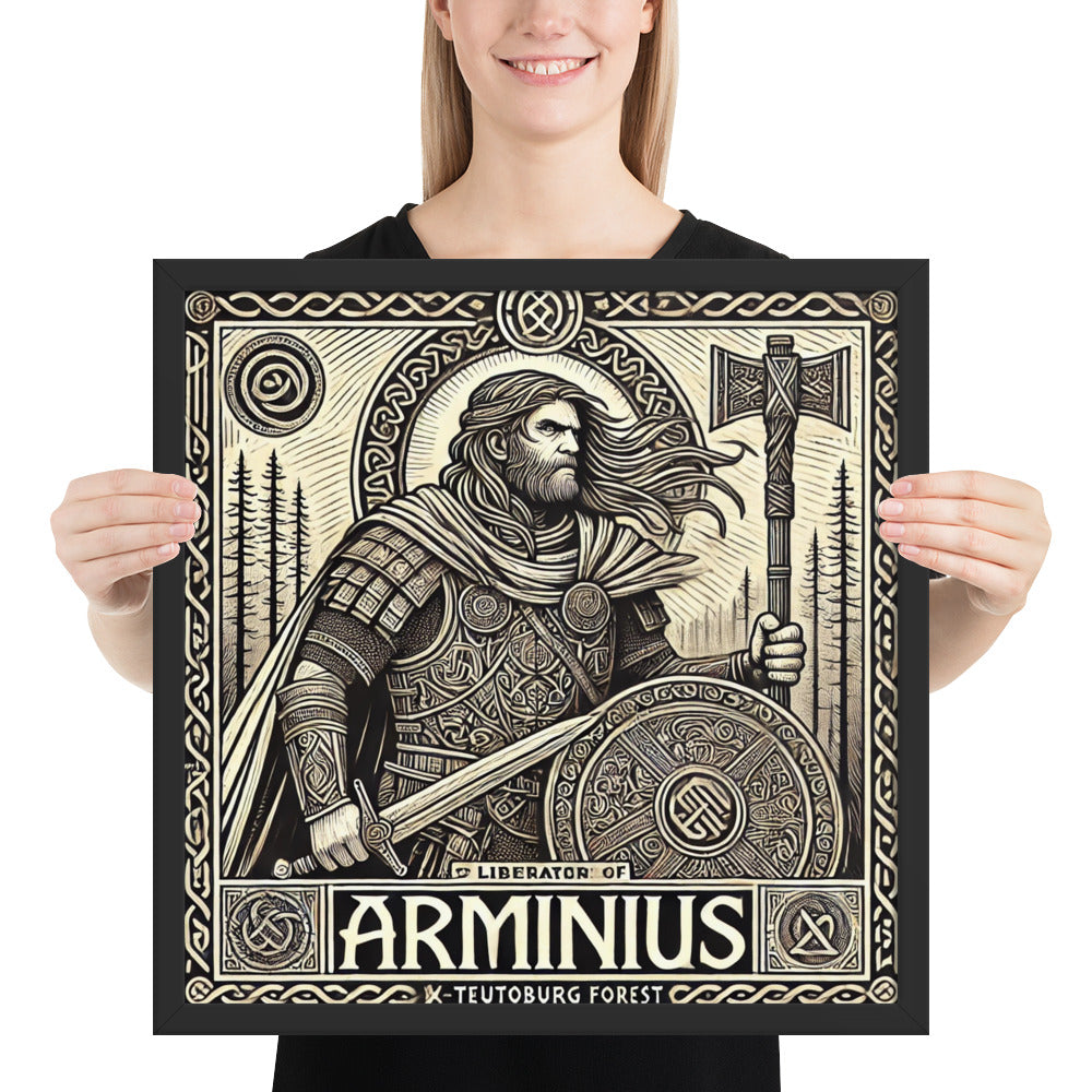 Historic warrior wall art of Arminius, liberator of Germania, amid forested battlefield