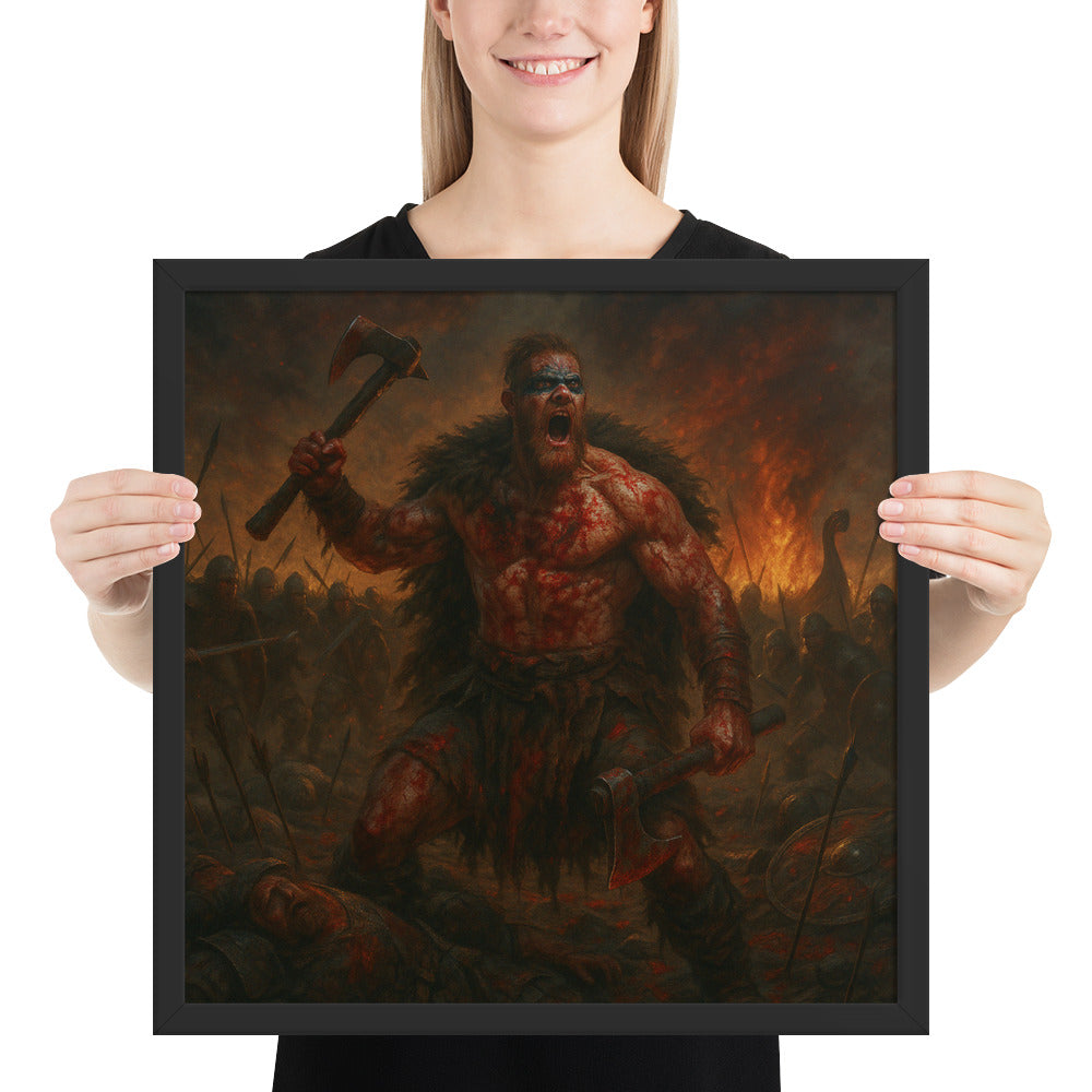 Norse mythology artwork of a berserker warrior standing amid fire and fallen enemies