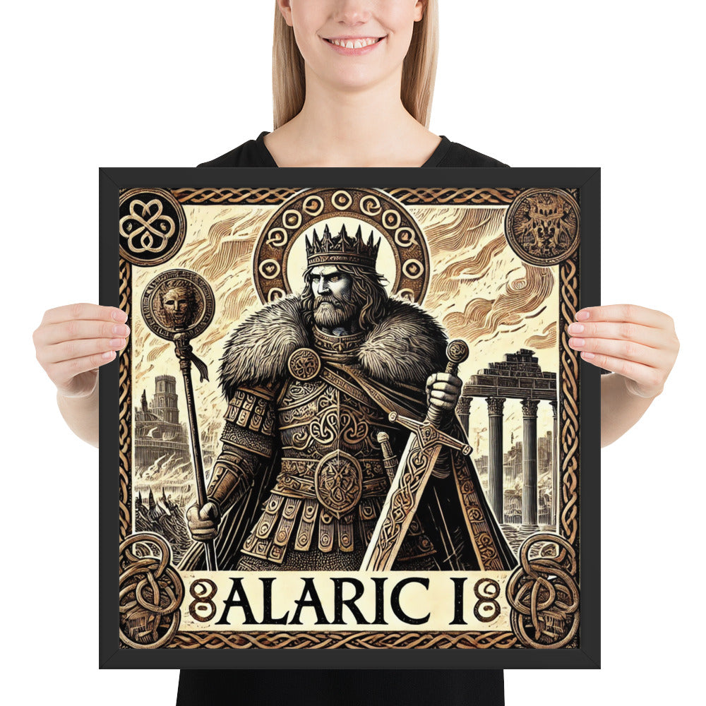 Gothic history framed print showing Alaric I with crown and sword during the fall of Rome