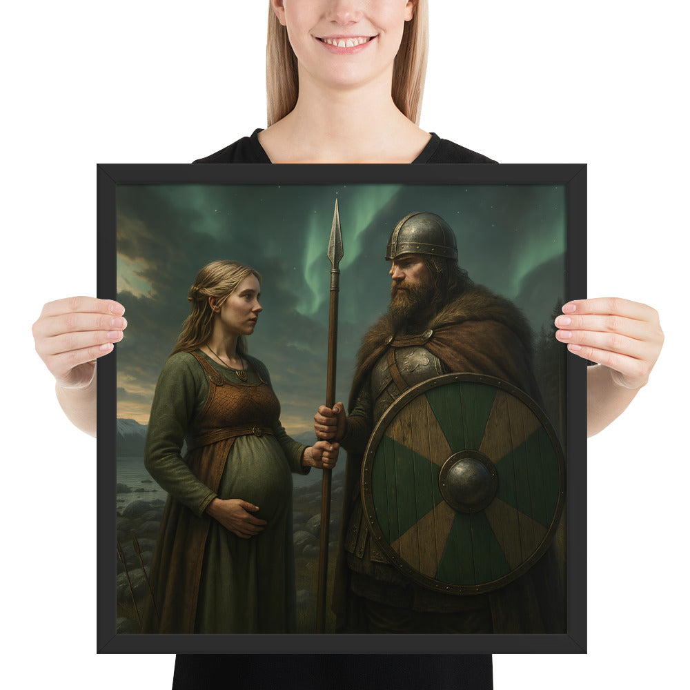 Viking farewell artwork depicting a Norse couple before departure, shield, spear, and ancestral bond