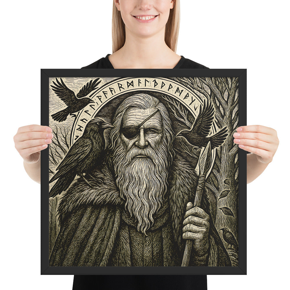 Viking mythology framed print depicting Odin as a one-eyed wanderer with cloak and ravens, Norse wall décor