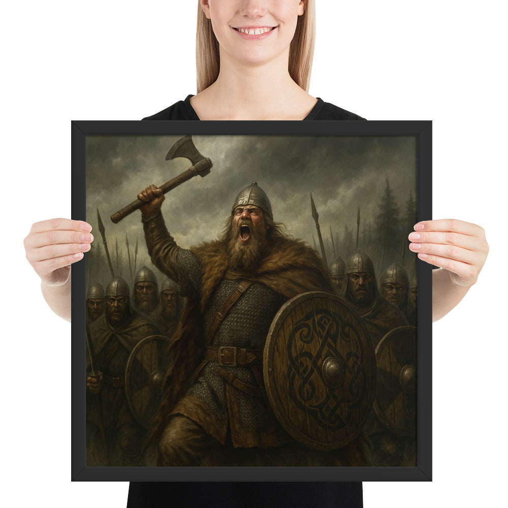 Norse history wall decor showing Harald Hardrada with axe and shield during a Viking battle