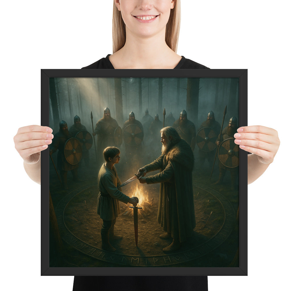 Viking initiation ceremony artwork showing a warrior rite of passage in an ancient forest