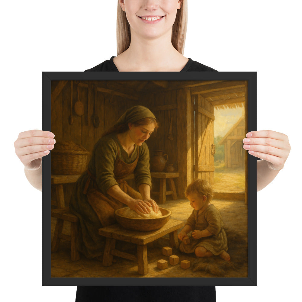 Mother and child kitchen wall art featuring a cozy baking scene with wooden interior, natural light, and nostalgic farmhouse atmosphere