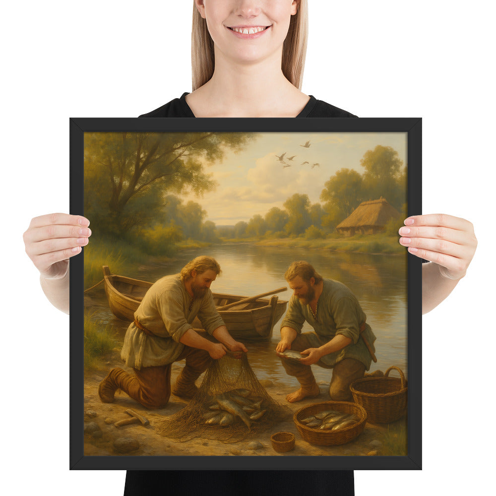 Norse daily life wall decor depicting Viking fishermen with nets and baskets by a riverside