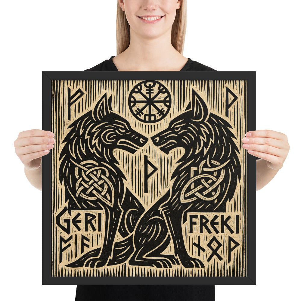 Norse mythology wall decor showing Geri and Freki, sacred wolves of Odin, with runes and knotwork