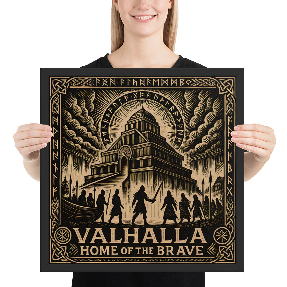 Viking mythology wall decor showing the arrival of the Einherjar at Valhalla, rune-lit sky and great hall