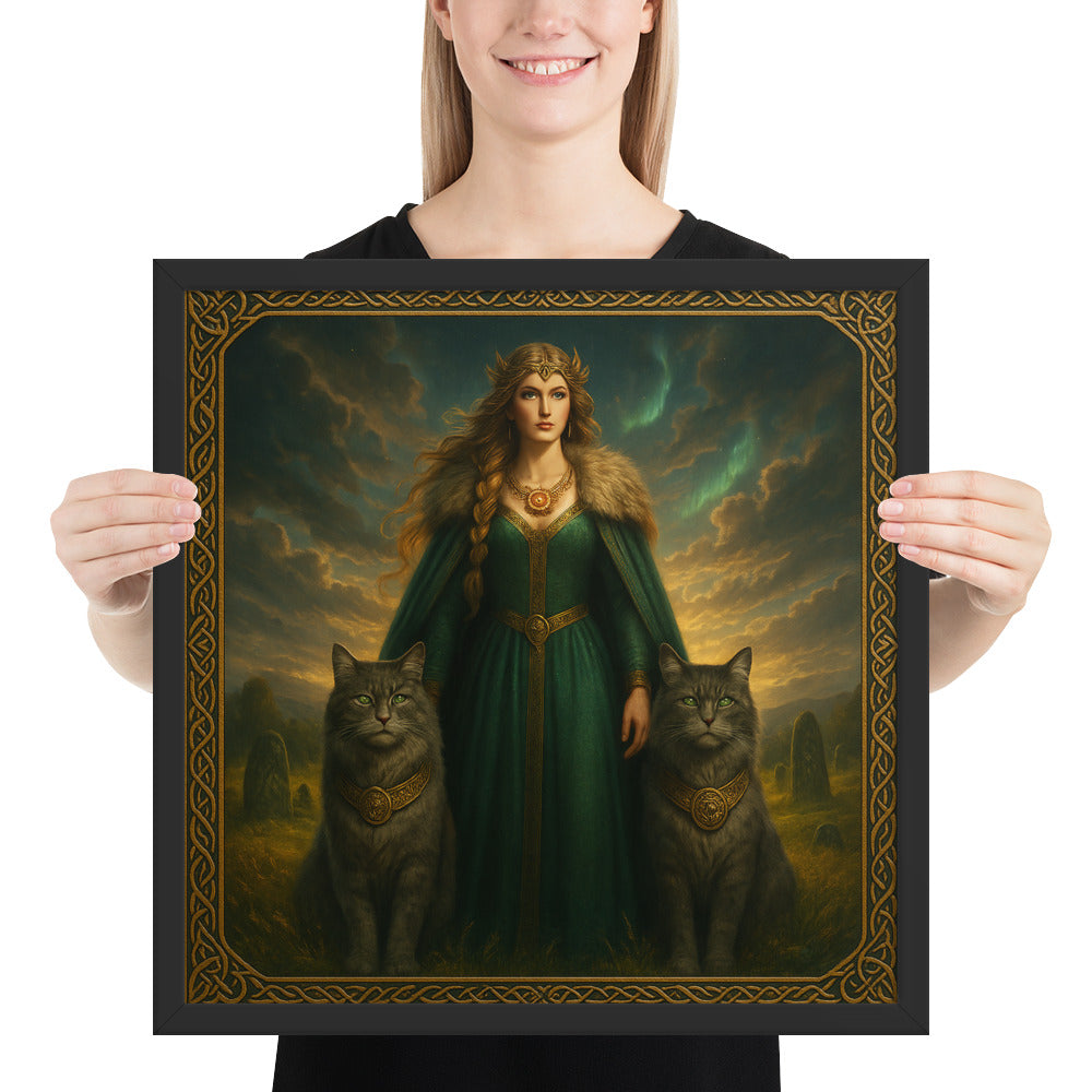 Norse mythology wall decor featuring Freya the Viking goddess, emerald dress and feline guardians
