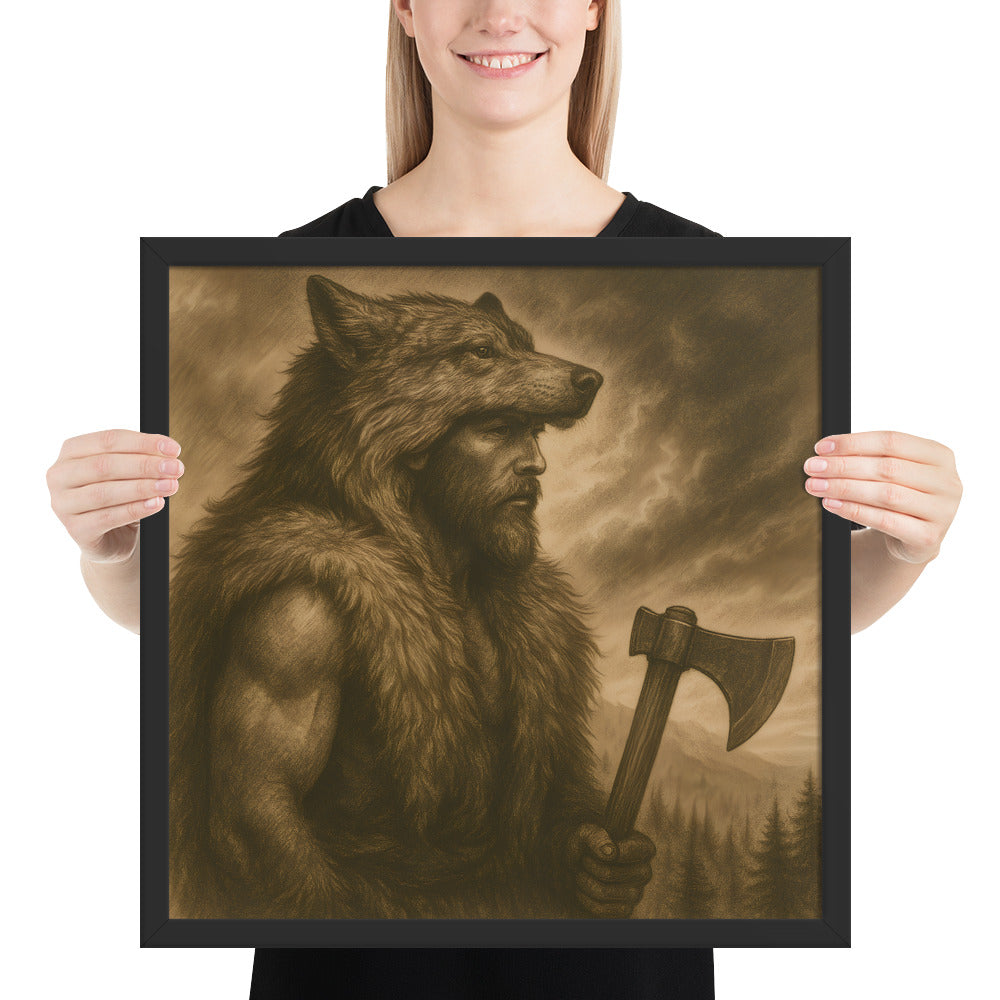 Norse mythology wall decor showing a wolf warrior Ulfhednar berserker, Viking axe and fur armor