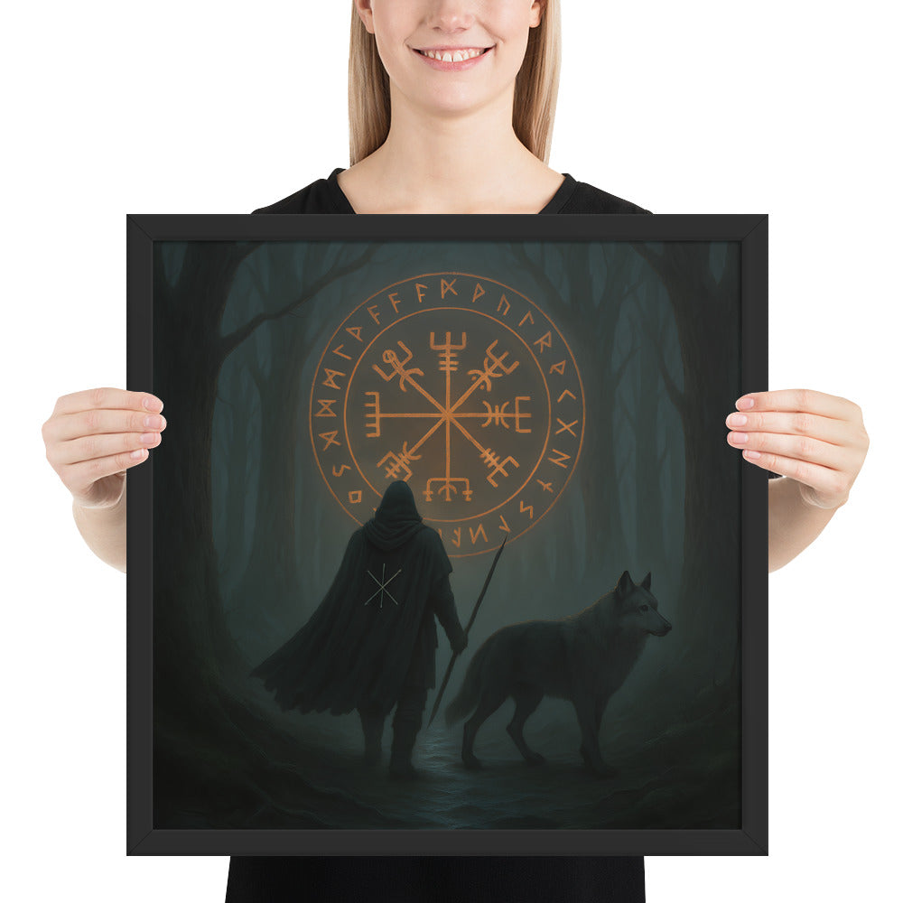Viking mythology wall decor with Vegvísir symbol of guidance, forest wanderer and wolf companion