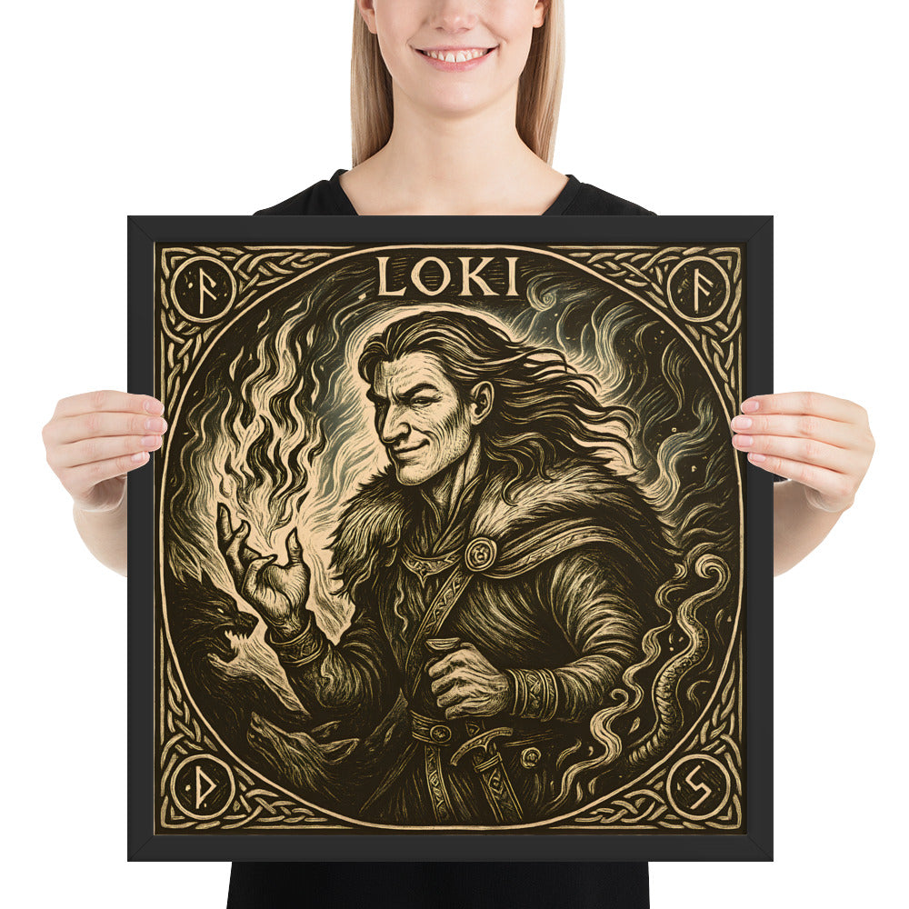 Norse mythology poster of Loki the trickster god, framed artwork with flames, runic symbols, and shadowed forest