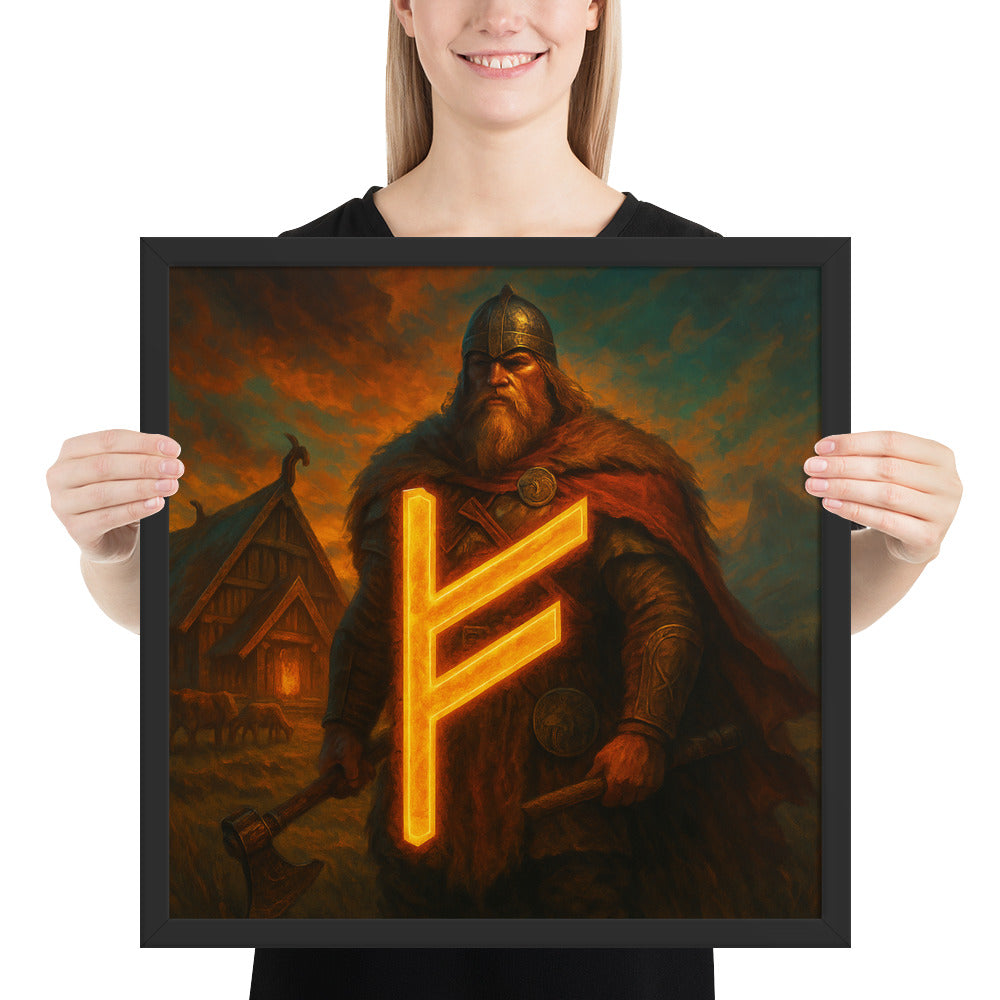 Norse mythology wall decor with Fehu rune of abundance, Viking warrior artwork framed for masculine interiors