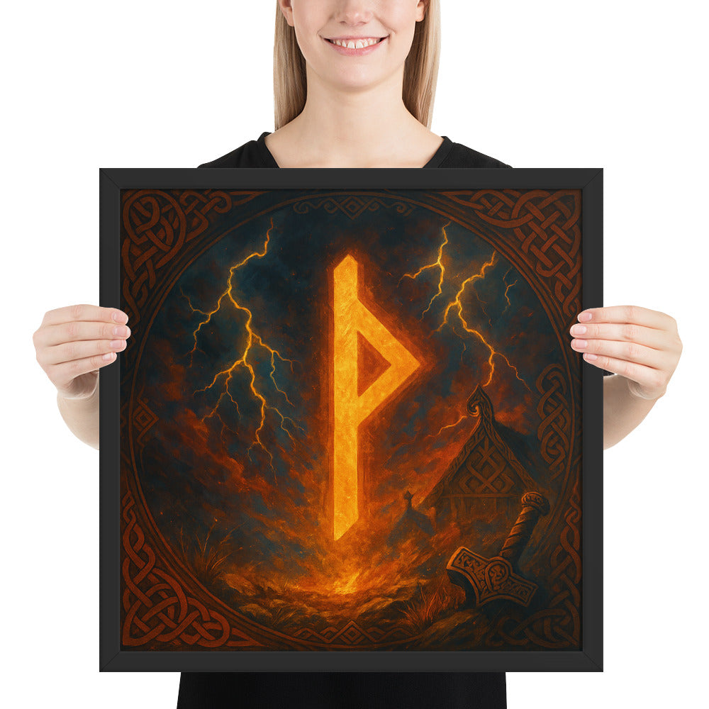 Norse mythology wall decor with Thurisaz rune of protection and power, inspired by Thor and lightning
