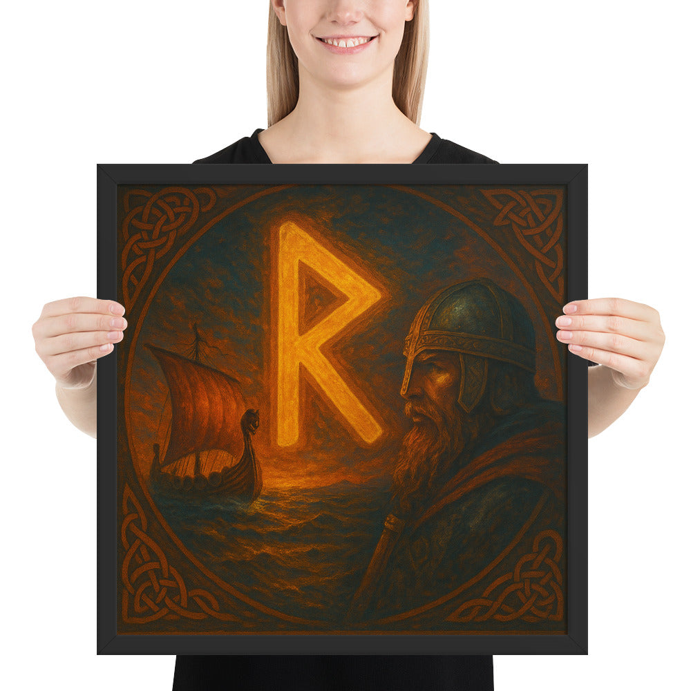 Norse mythology wall decor showing the Raidho rune of travel and fate, Viking ship artwork in dramatic seascape